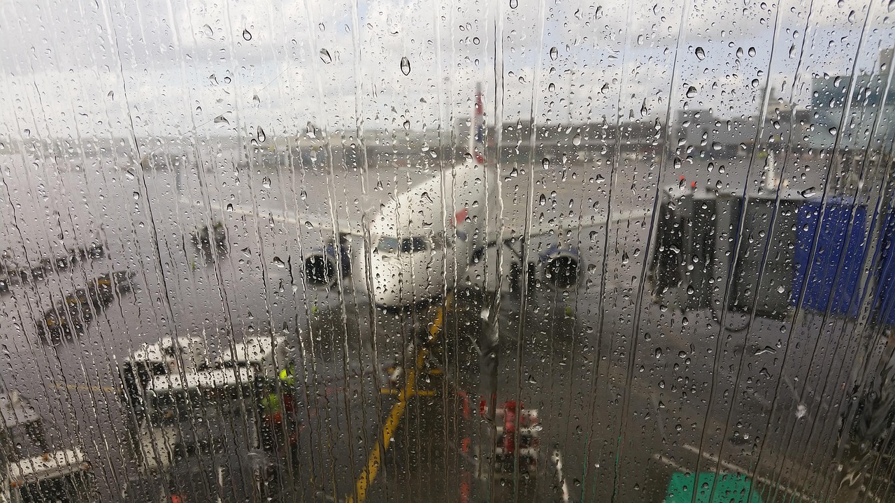 airport, terminal, plane, nature, rain